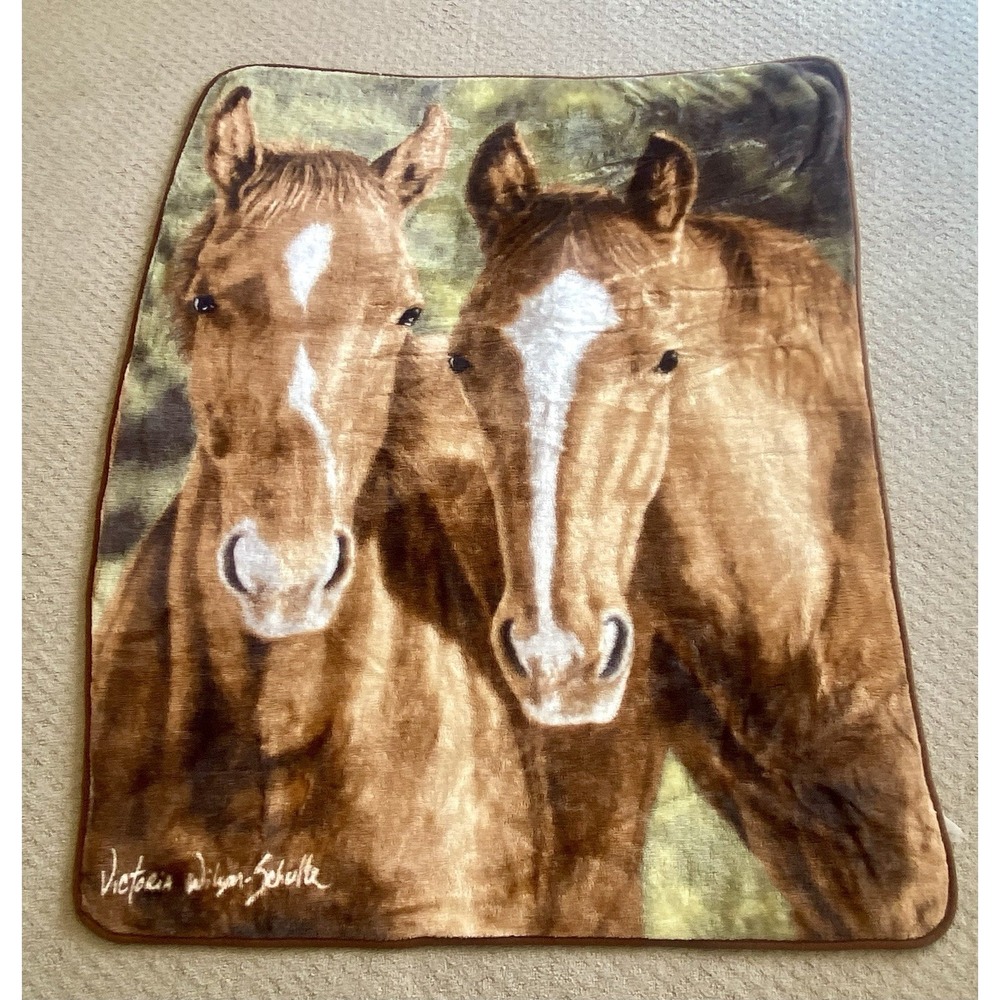 Victoria Wilson-Schultz Fleece Lap‎ Blanket Throw Two Horses 57" X47"